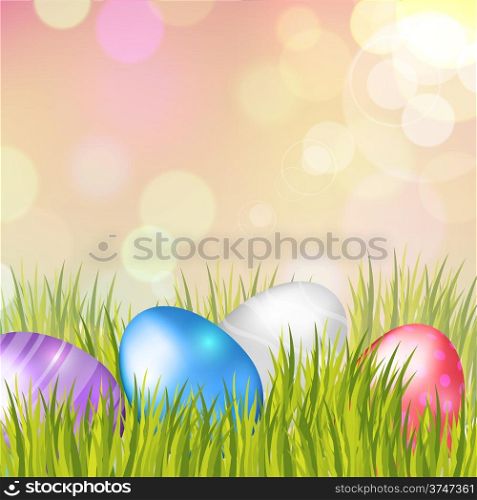 Easter bokeh background with eggs on meadow of pink colors. Vector eps10.