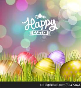 Easter bokeh background with eggs on meadow of purple colors. Vector eps10.