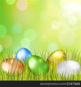 Easter bokeh background with eggs on meadow of spring colors. Vector eps10.