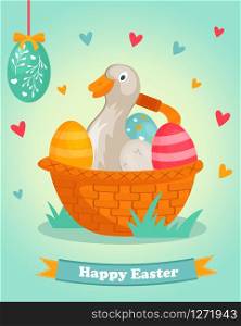 Easter bright postcard with funny duck sitting in the basket with eggs. Easter bright postcard with funny duck