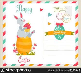 Easter bright postcard with funny rabbit and other holiday elements. Easter bright postcard with funny rabbit