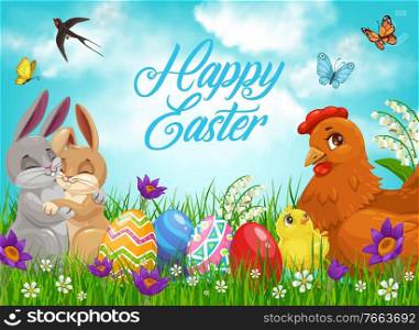 Easter bunnies and chicks with eggs, vector religion holiday. Easter rabbits and chickens with painted eggs on spring field with green grass blades, crocus and lily flowers, butterflies, swallow birds. Easter bunnies and chicks with eggs