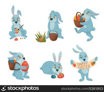 Easter Bunnies Cartoon Collection. Easter bunny set of six isolated funny characters in different poses with painted easter eggs basket vector illustration