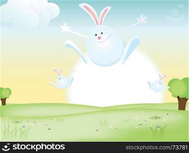 Easter Bunnies. Illustration of happy easter bunnies jumping in the fields for spring holidays