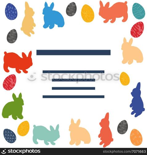 Easter bunny and decorated eggs in square shape. Text frame in centre. Vector illustration isolated on white background. . Template with rabbits and painted Easter eggs.