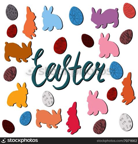 Easter bunny and decorated eggs with hand lettering Easter. Vector festive illustration isolated on white background. . Rabbits and painted Easter eggs with lettering Easter.