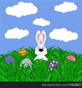 Easter bunny and eggs with stickers on the grass vector. Easter bunny and eggs with stickers on the grass