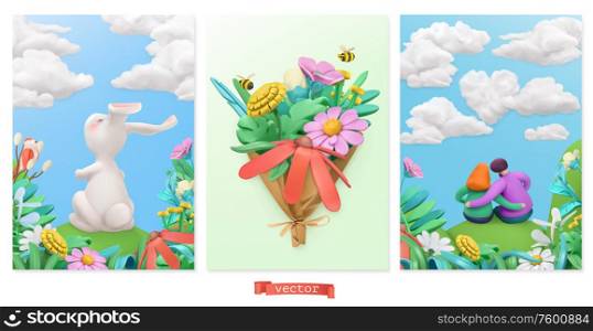 Easter bunny, bouquet of wildflowers, couple in love. Spring stories plasticine art. 3d vector greeting card set
