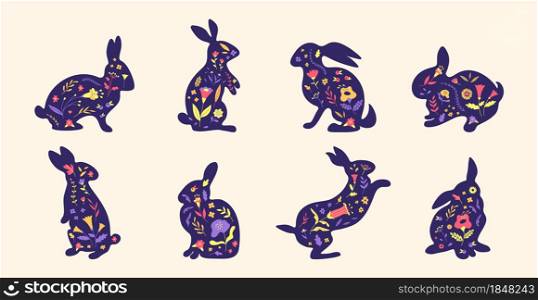 Easter bunny. Cartoon rabbit silhouette with spring flowers grass and leaves, hand drawn rabbit graphic elements. Vector illustrations isolated set easter bunny happy holidays, spring. 12 Easter bunny. Cartoon rabbit silhouette with spring flowers grass and leaves, hand drawn rabbit graphic elements. Vector isolated set