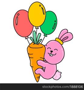 easter bunny hugging carrots. cartoon illustration sticker mascot emoticon