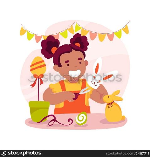 Easter bunny isolated cartoon vector illustration. Smiling girl making Easter craft, diy activity, Easter decoration from natural materials, composition of cardboard rabbits vector cartoon.. Easter bunny isolated cartoon vector illustration.