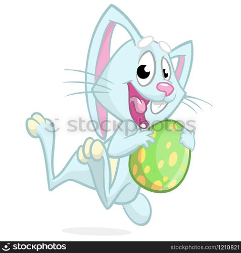 Easter bunny jumping with colored egg. Vector illustration of a blue bunny jumping with Easter colored egg