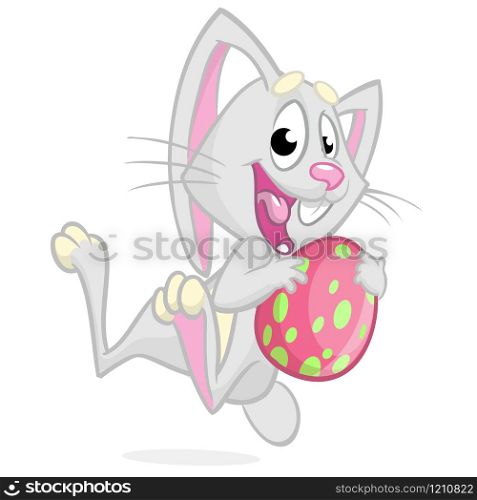 Easter bunny jumping with colored egg. Vector illustration of a grey bunny jumping with Easter colored egg
