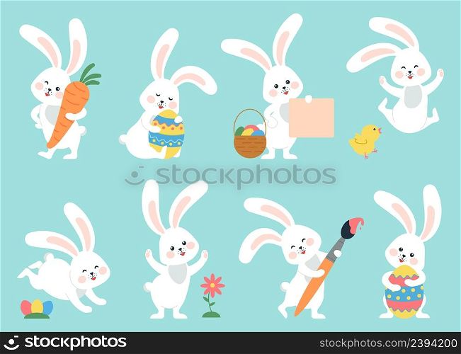 Easter bunny. Modern egg, bunnies for kids standing with placard. Rabbit or hare, spring animal with flower and chick. Cartoon holiday vector character. Illustration of easter rabbit collection. Easter bunny. Modern egg, bunnies for kids standing with placard. Rabbit or hare, spring festive animal with flower and chick. Cartoon holiday decent vector character