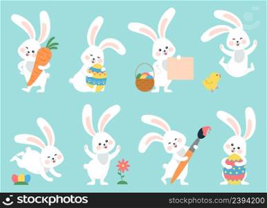 Easter bunny. Modern egg, bunnies for kids standing with placard. Rabbit or hare, spring animal with flower and chick. Cartoon holiday vector character. Illustration of easter rabbit collection. Easter bunny. Modern egg, bunnies for kids standing with placard. Rabbit or hare, spring festive animal with flower and chick. Cartoon holiday decent vector character
