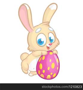 Easter Bunny rabbit holding a pink egg and smiling. Vector cartoon