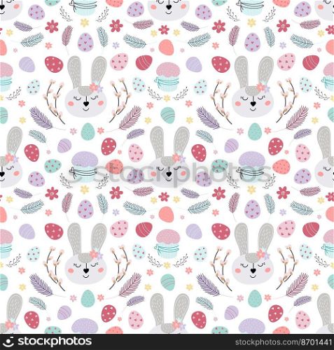 Easter bunny seamless pattern. Pattern with Easter rabbit, eggs, cake, feathers. Design for textiles, packaging, wrappers.Vector flat illustration. Easter pattern.Pattern with rabbit, eggs, cake