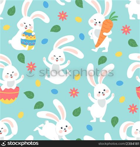 Easter bunny seamless pattern. Toddler bunnies, spring flourish festive background. Rabbit with eggs and flowers, cartoon hare vector design. Illustration of seamless pattern wallpaper, funny rabbit. Easter bunny seamless pattern. Toddler bunnies, spring flourish festive background. Rabbit with eggs and flowers, cartoon hare decent vector print design
