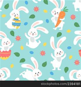 Easter bunny seamless pattern. Toddler bunnies, spring flourish festive background. Rabbit with eggs and flowers, cartoon hare vector design. Illustration of seamless pattern wallpaper, funny rabbit. Easter bunny seamless pattern. Toddler bunnies, spring flourish festive background. Rabbit with eggs and flowers, cartoon hare decent vector print design