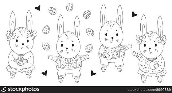 Easter bunny set. Cute bunnies girls and boys with Easter eggs. Vector. Black line, outline.  Decorative holiday animal characters