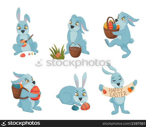 Easter bunny set of six isolated funny characters in different poses with painted easter eggs basket vector illustration. Easter Bunnies Cartoon Collection