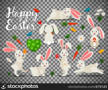 Easter bunny vector illustration isolated on transparent background. Happy rabbit for easter banner collection. Easter bunny set on transparent background
