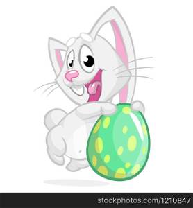 Easter bunny with easter egg. Vector illustration of a grey bunny holding Easter colored egg