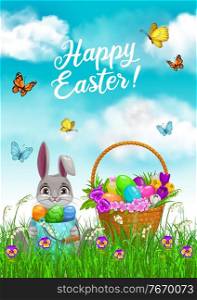 Easter bunny with egg hunt basket in grass vector design. Rabbit with Easter egg bucket sitting on spring field of green grass blades and flowers, crocuses, pansies, lilies of valley and butterflies. Easter bunny with egg hunt basket in spring grass