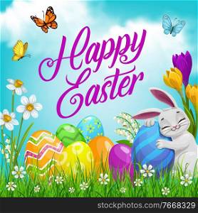 Easter bunny with eggs, vector religion holiday egg hunt. Easter rabbit cartoon character on spring field with green grass blades, flowers of daffodil, crocus and lily of valley, butterflies, blue sky. Easter bunny with eggs, flowers. Religion holiday