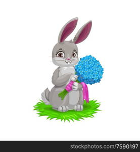 Easter bunny with flower bouquet, vector Easter holiday egg hunt party. Cartoon hare animal holding spring flowers of blue forget-me-not with pink ribbons. Easter bunny holding a spring flower bouquet