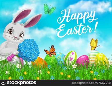 Easter bunny with flowers and eggs in green grass, vector greeting card. Easter rabbit character with bouquet on egg hunt spring floral field with grass blades, wildflowers and flying butterflies. Easter bunny, flowers and eggs in green grass