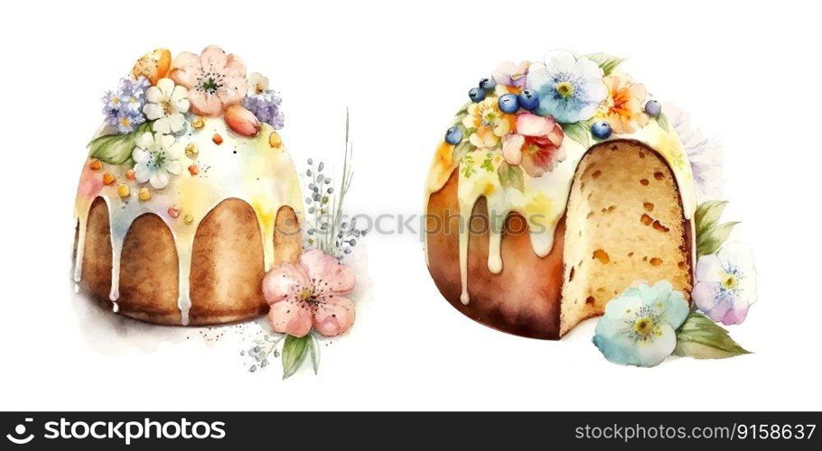 Easter cake hand-drawn watercolor. Vectorized watercolor drawing.. Easter kulich cake hand-drawn watercolor. Vectorized watercolor drawing.