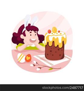 Easter cake isolated cartoon vector illustration. Cute little child in bunny ears looking at delicious cake, waiting for the holiday, traditional Easter confectionery vector cartoon.. Easter cake isolated cartoon vector illustration.