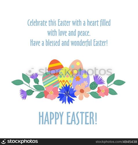 Easter card. Happy Easter! Spring flowers, painted Easter eggs. Isolated on a white background.