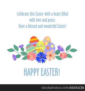 Easter card. Happy Easter! Spring flowers, painted Easter eggs. Isolated on a white background.