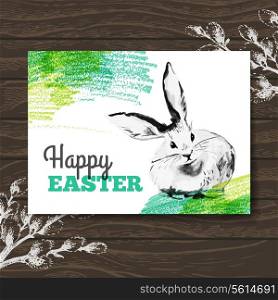 Easter card. Sketch watercolor Easter rabbit. Hand drawn illustration wooden background