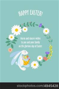 Easter card. White rabbit with a basket and eggs. A wreath of spring flowers. Wishes for a happy Easter. Vector illustration.