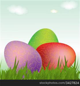 easter card with 3 decorated eggs unde a lightened spring sky