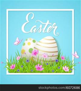 Easter card with eggs and cosmos flowers on a blue background. Vector illustration.