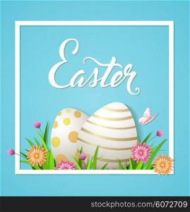 Easter card with eggs and flowers on a blue background. Vector illustration.