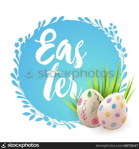 Easter card with eggs and green grass on a blue background
