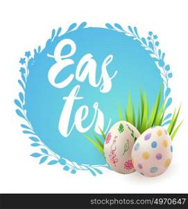 Easter card with eggs and green grass on a blue background