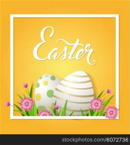 Easter card with eggs and pink flowers on a yellow background. Vector illustration.