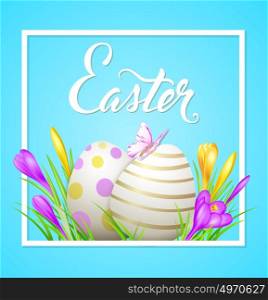 Easter card with eggs, crocuses and butterfly in white frame on a blue background