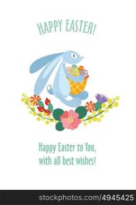 Easter card with eggs, flowers and Bunny and wishes. Vector illustration. Isolated on a white background.