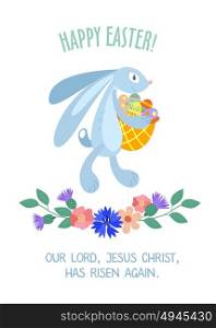 Easter card with eggs, flowers and Bunny with a basket and wishes. Vector illustration. Isolated on white background.