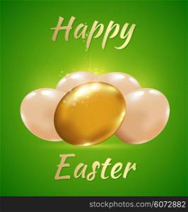 Easter card with golden eggs on a green background