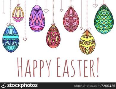 Easter card with hanging colorful doodle eggs with zentangle pattern and congratulations for your creativity. Easter card with hanging colorful doodle eggs with zentangle pat