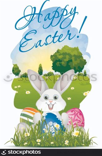Easter Card with Landscape, Cake and Decorated Eggs