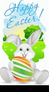 Easter Card with Landscape, Rabbit and Decorated Egg